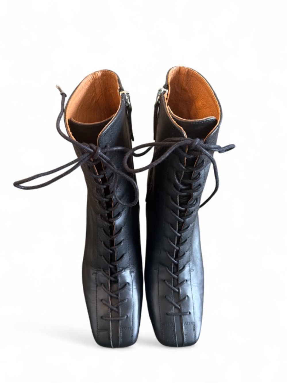 Women's Black Leather Lace-Up Ankle Booties with Tan Interior